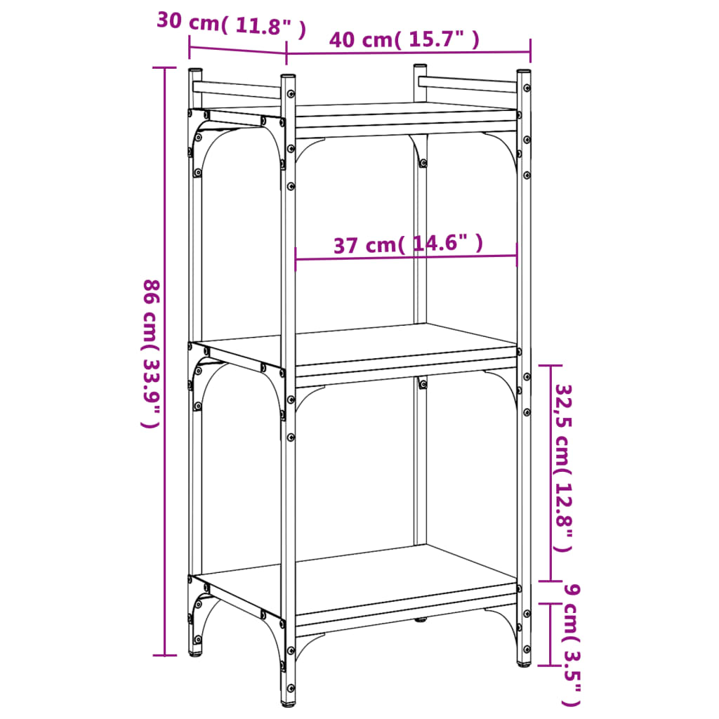 vidaXL raamaturiiul 3 korrust, suitsutamm, 40x30x86 cm, tehispuit