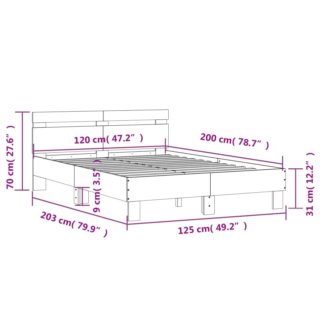 vidaXL voodiraam peatsiga, hall Sonoma tamm, 120 x 200 cm, tehispuit