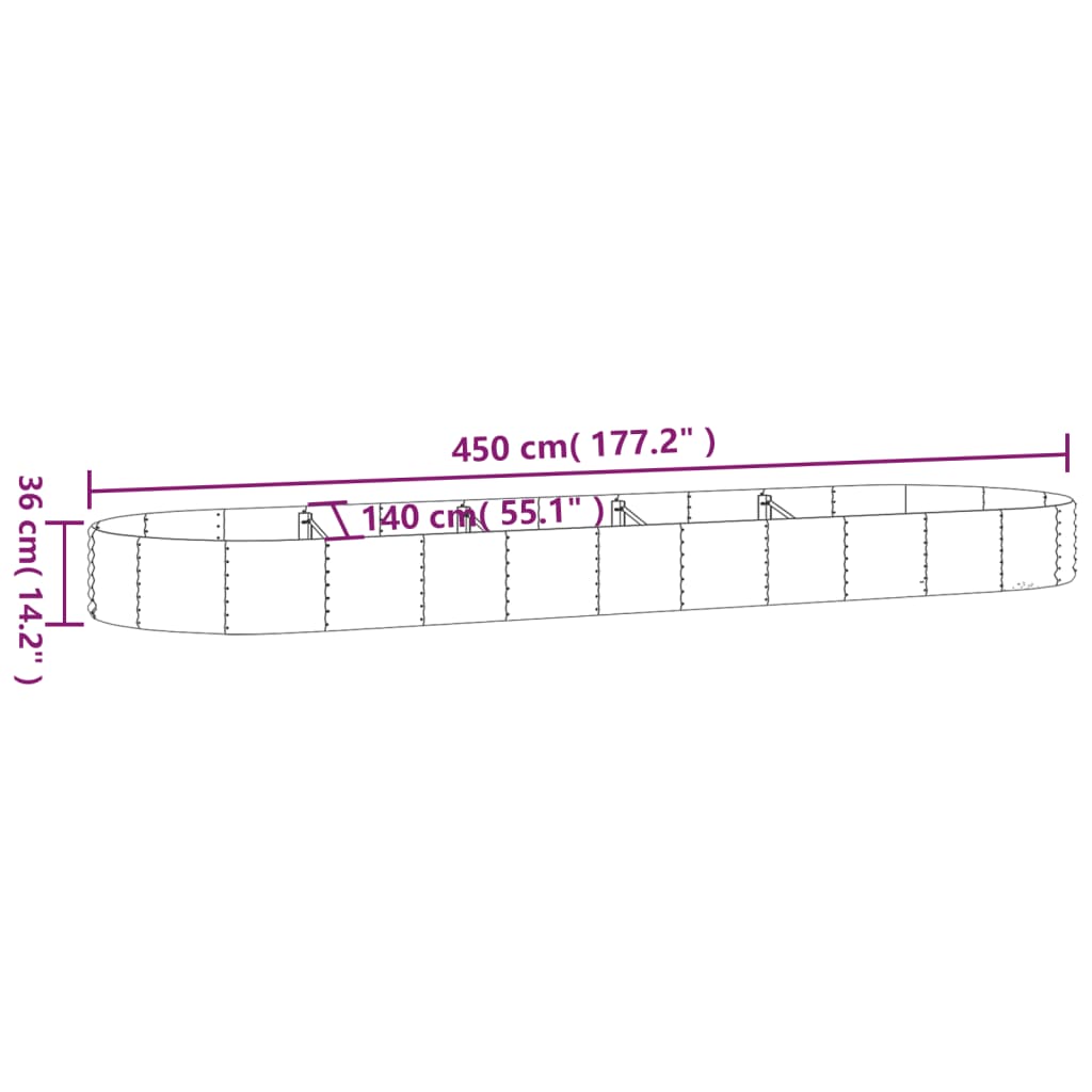 vidaXL aia taimekast, pulbervärvitud teras, 450x140x36 cm, hõbedane