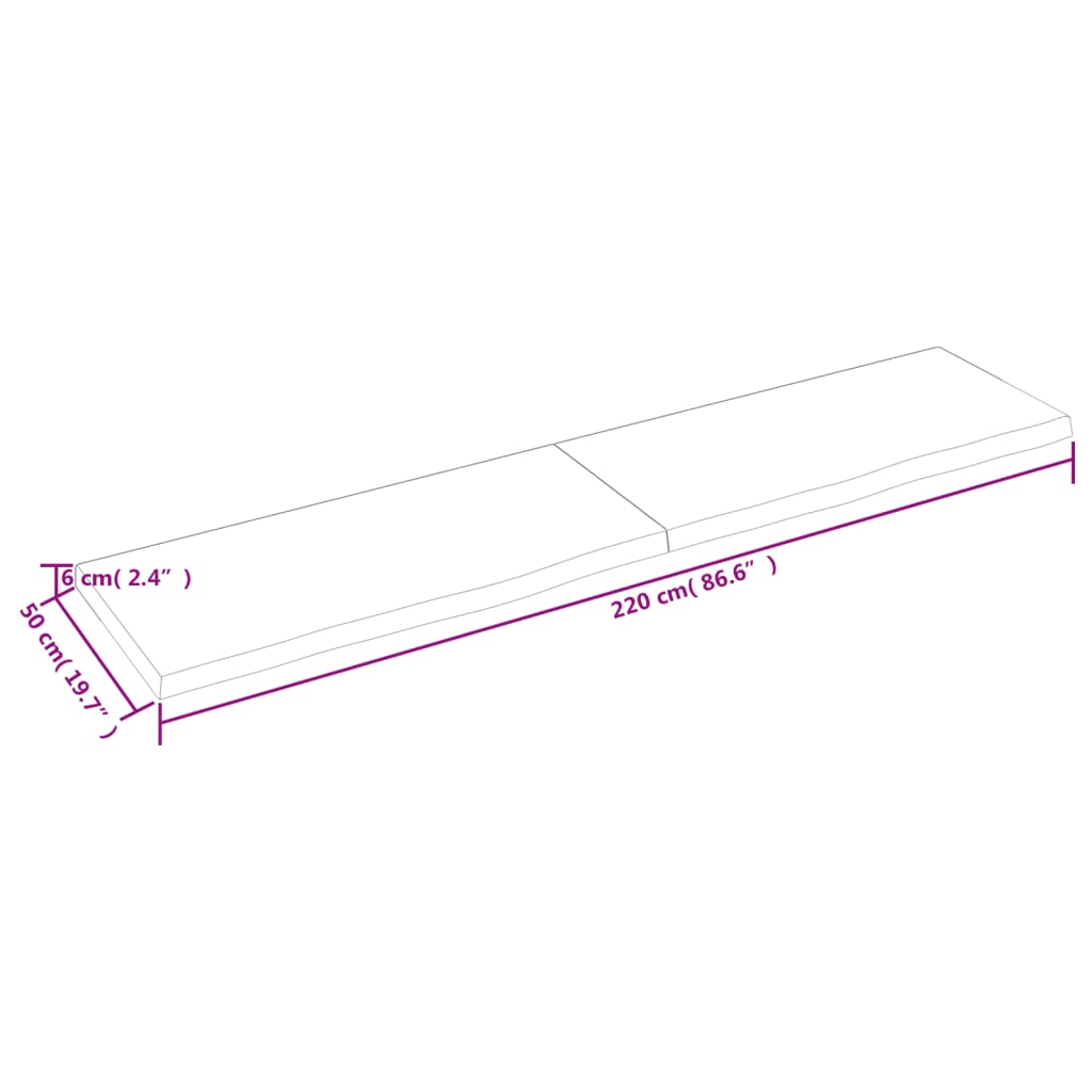 vidaXL vannitoa töötasapind, 220x50x(2-6) cm, töötlemata täispuit