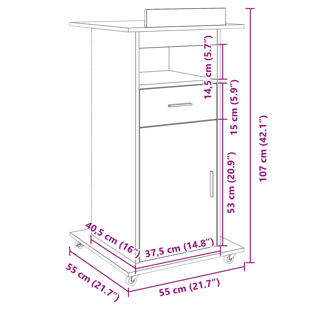 vidaXL kõnepult rataste ja sahtliga, suitsutamm 55x55x107 cm tehispuit