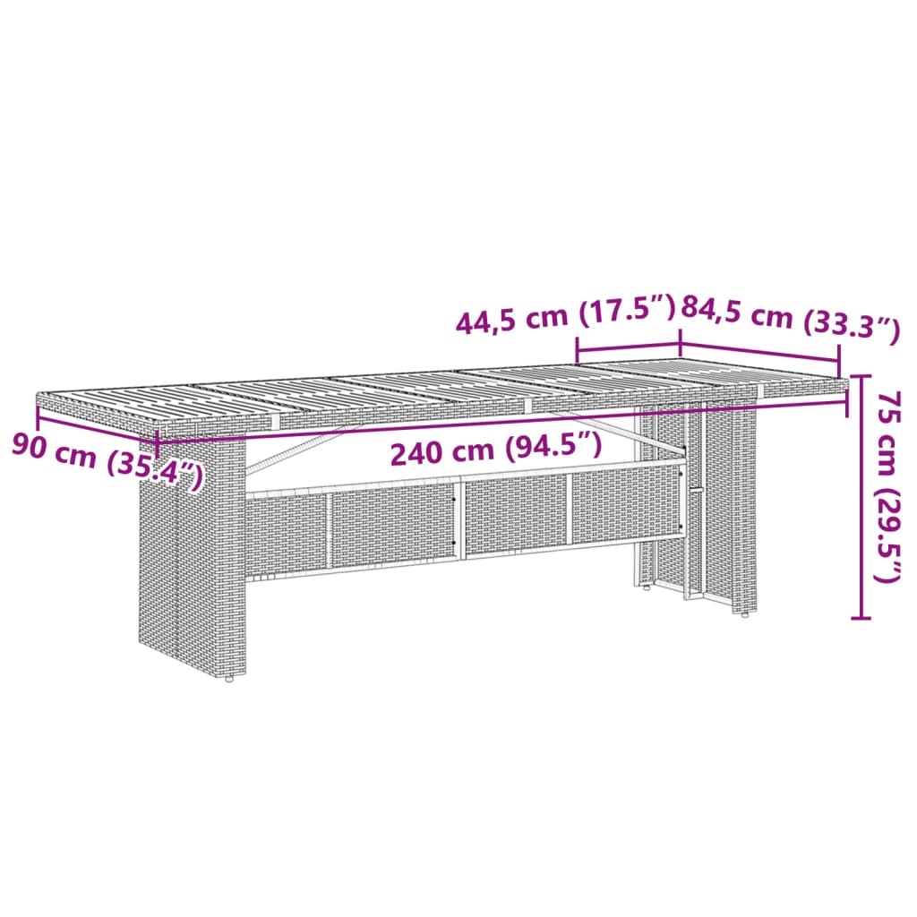 vidaXL aialaud klaasplaadiga, hall, 240x90x75 cm, polürotang