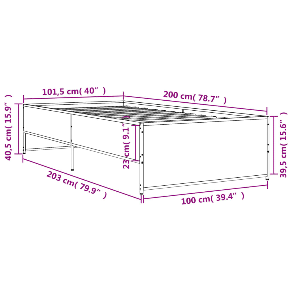 vidaXL voodiraam, hall Sonoma tamm, 100 x 200 cm, tehispuit ja metall