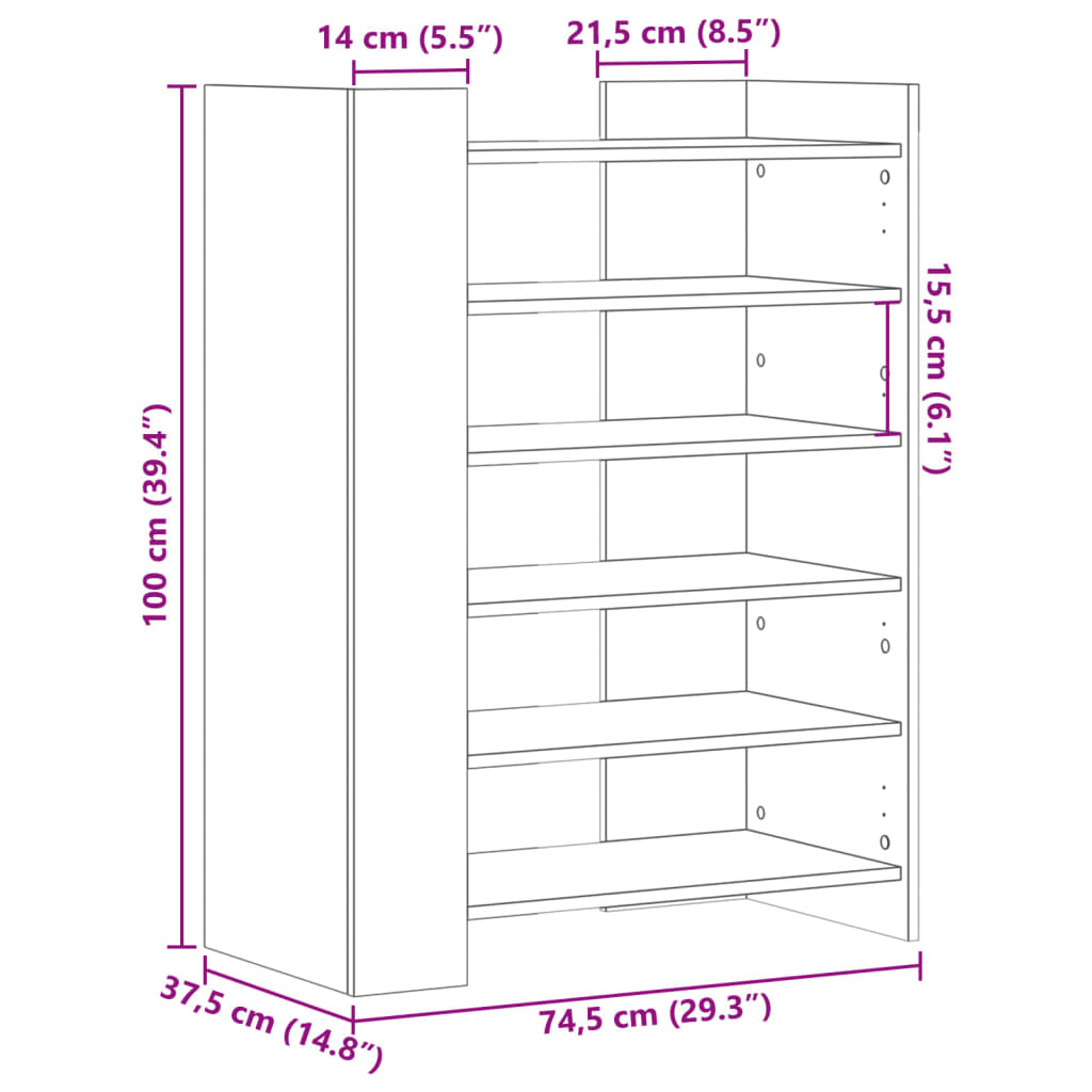 vidaXL jalatsikapp, Sonoma tamm, 74,5 x 37,5 x 100 cm, tehispuit