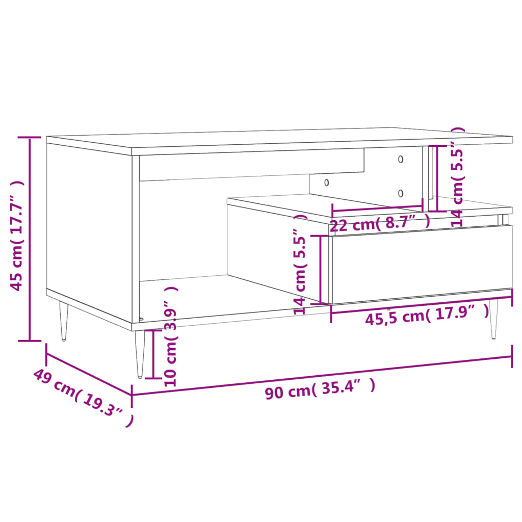 vidaXL kohvilaud, hall Sonoma tamm, 90x49x45 cm, tehispuit