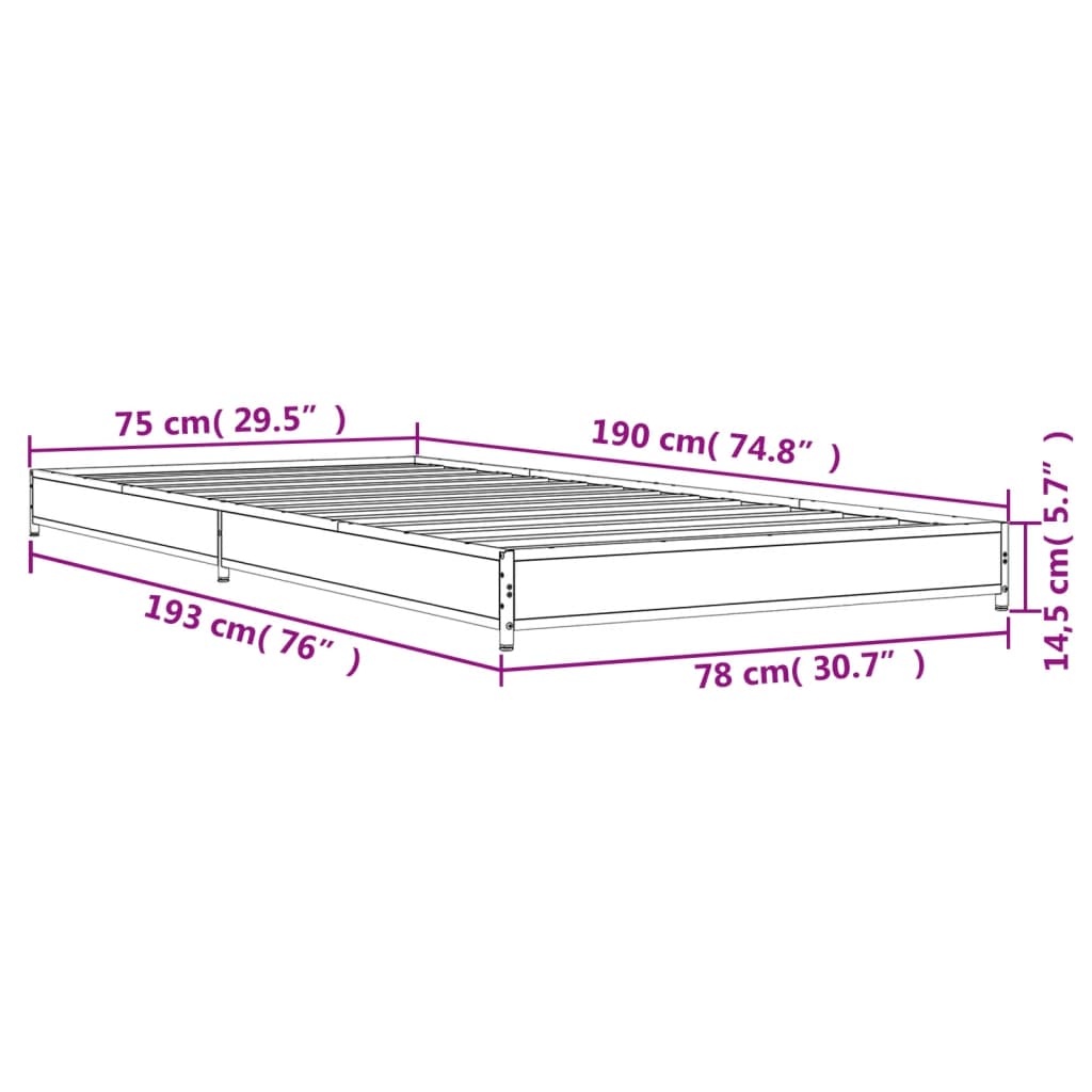 vidaXL voodiraam, hall Sonoma tamm, 75 x 190 cm, tehispuit ja metall