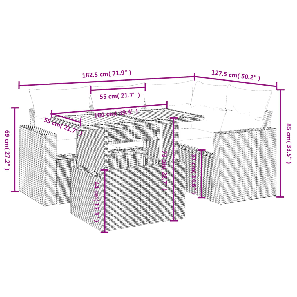 vidaXL 5-osaline aiamööblikomplekt istmepatjadega, polürotang, hall