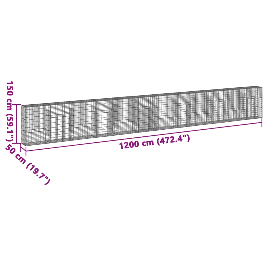 vidaXL kattega gabioonkorv, 1200 x 50 x 150 cm, tsingitud raud