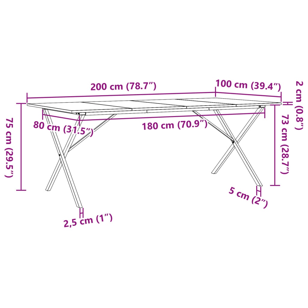 vidaXL söögilaud, X-raam, 200 x 100 x 75 cm, männipuit ja malm