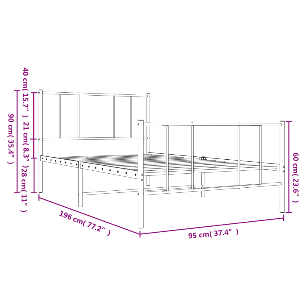 vidaXL metallist voodiraam peatsi ja jalutsiga, must, 90x190 cm