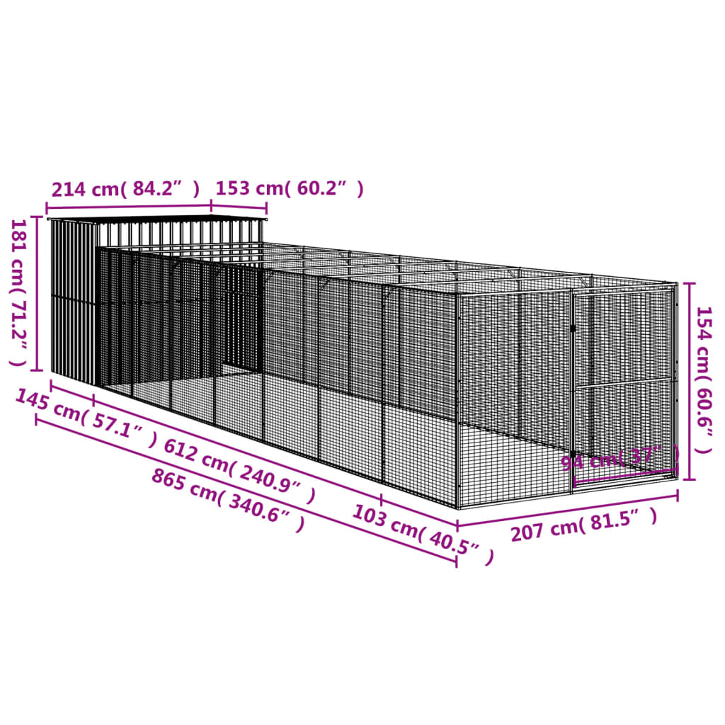 vidaXL koerakuut aedikuga, antratsiithall, 214x865x181 cm, teras