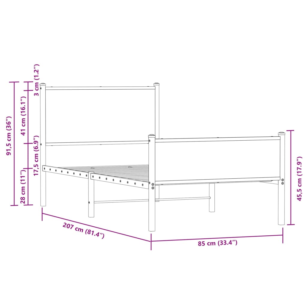 vidaXL metallist voodiraam peatsi ja jalutsiga pruun tamm 80x200 cm