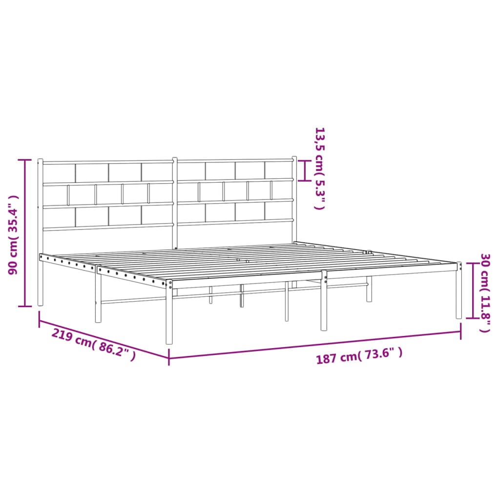 vidaXL metallist voodiraam peatsiga, valge, 183x213 cm