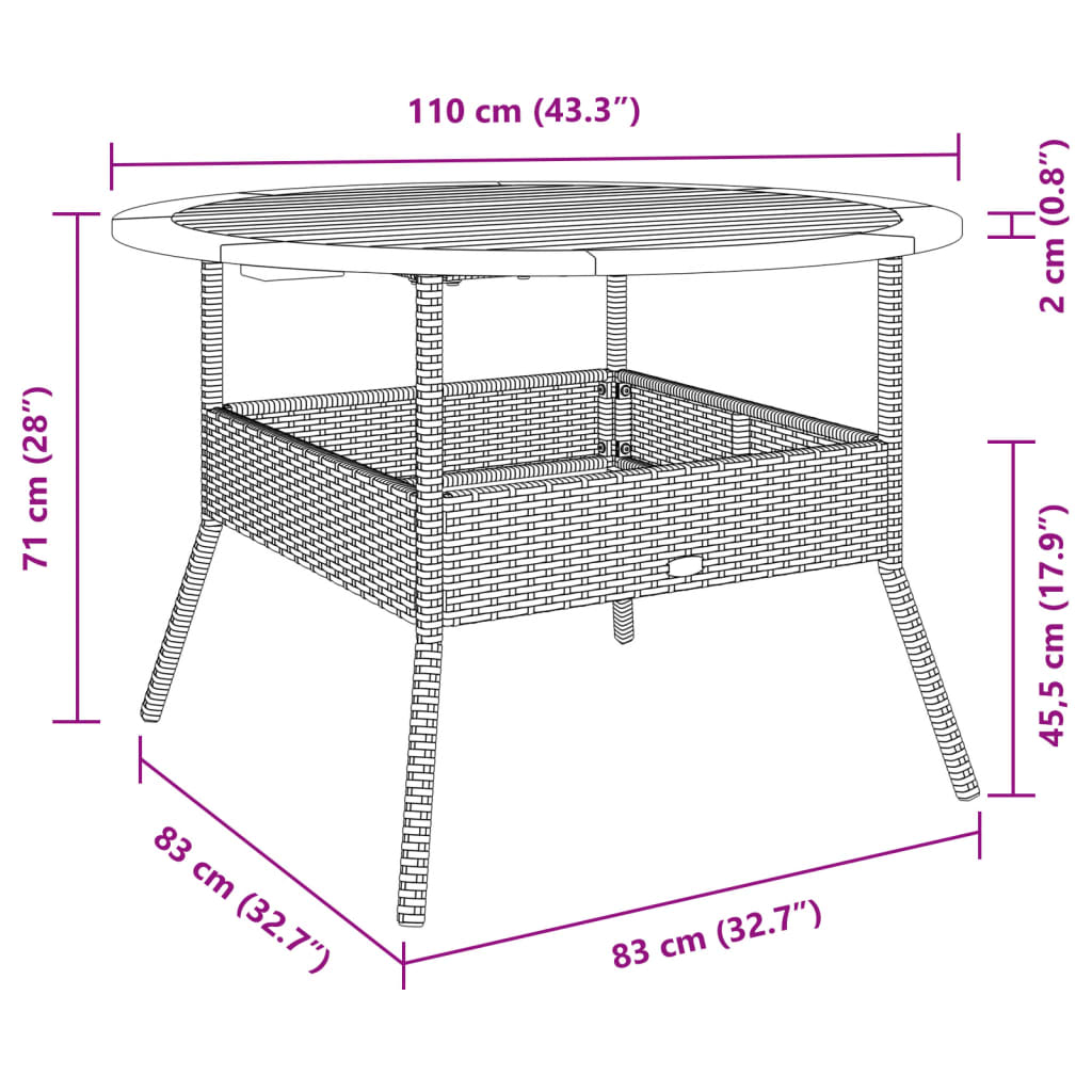 vidaXL aialaud akaatsiapuidust plaadiga, beež, Ø110 x 71 cm, PE-rotang