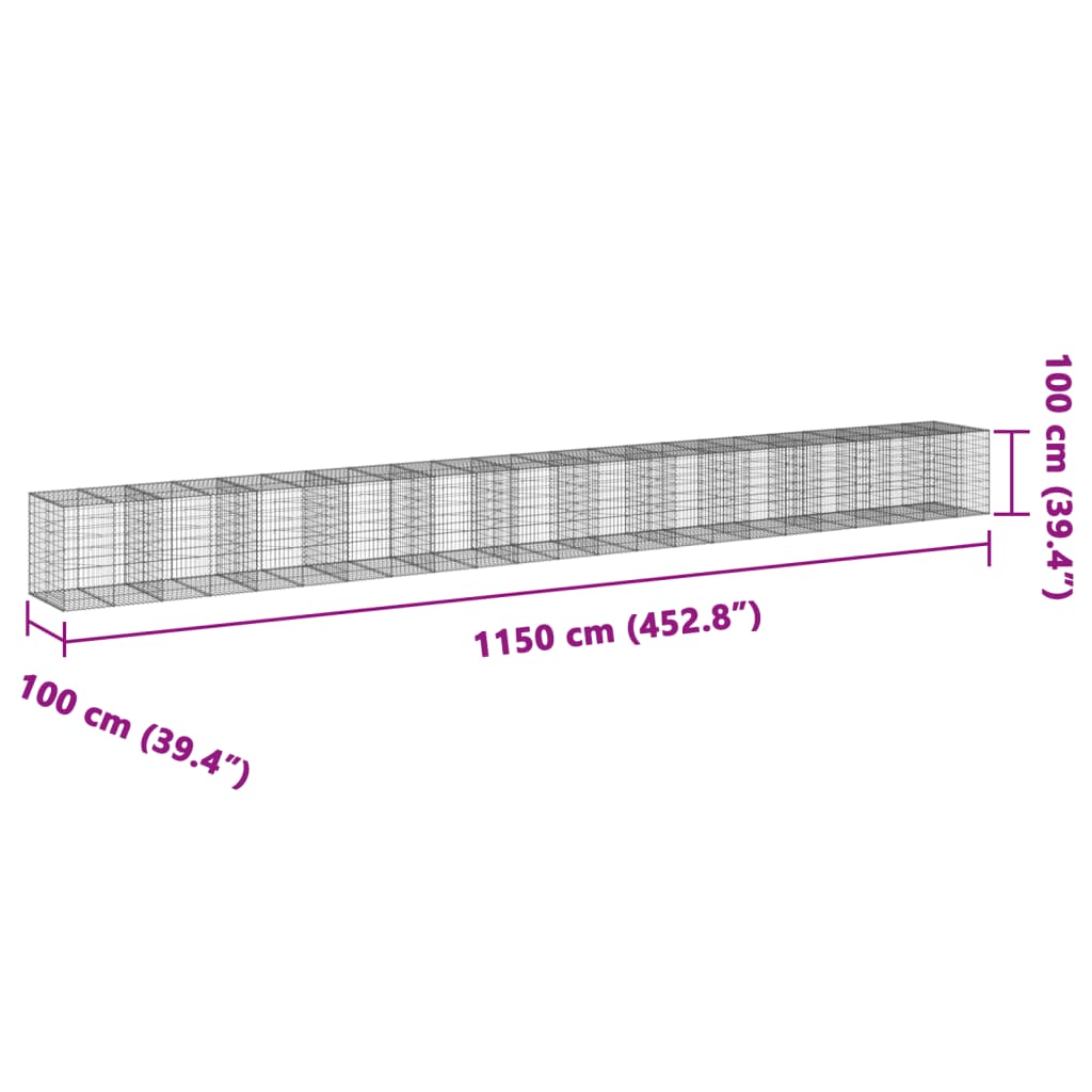 vidaXL kaanega gabioonkorv, 1150 x 100 x 100 cm, tsingitud raud