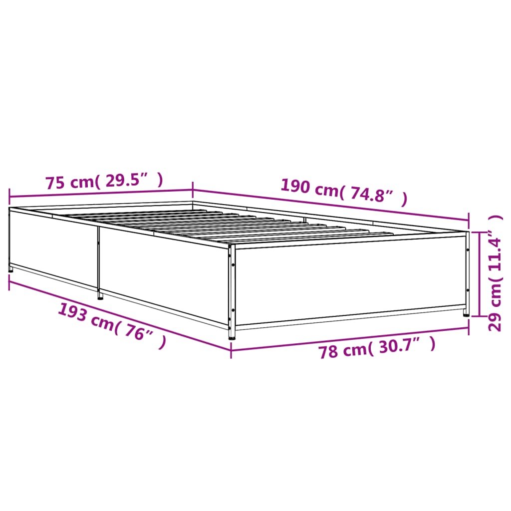 vidaXL voodiraam, Sonoma tamm, 75 x 190 cm, tehispuit ja metall