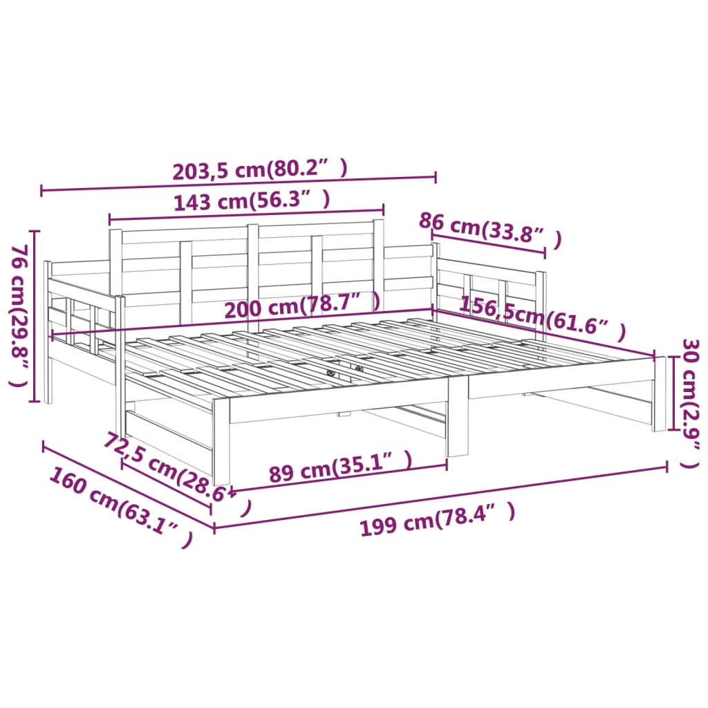 vidaXL väljatõmmatav päevavoodi, must, männipuit, 2 x (80-200) cm