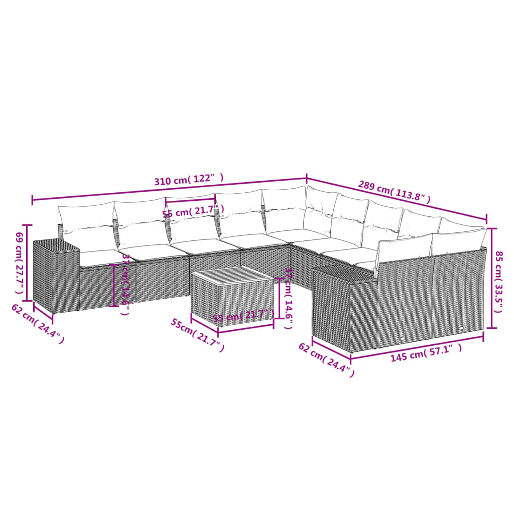 vidaXL 11-osaline aiadiivani komplekt patjadega, hall, polürotang