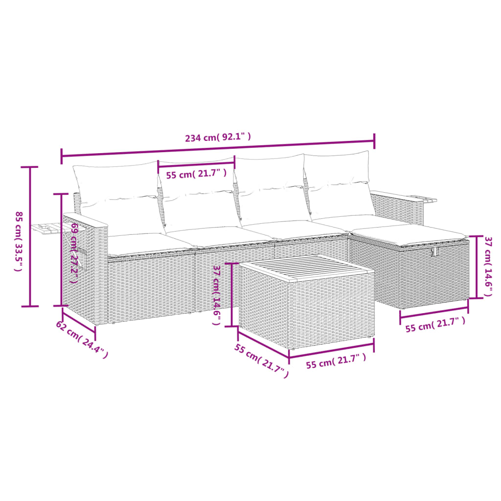 vidaXL 6-osaline aiadiivani komplekt patjadega, hall, polürotang