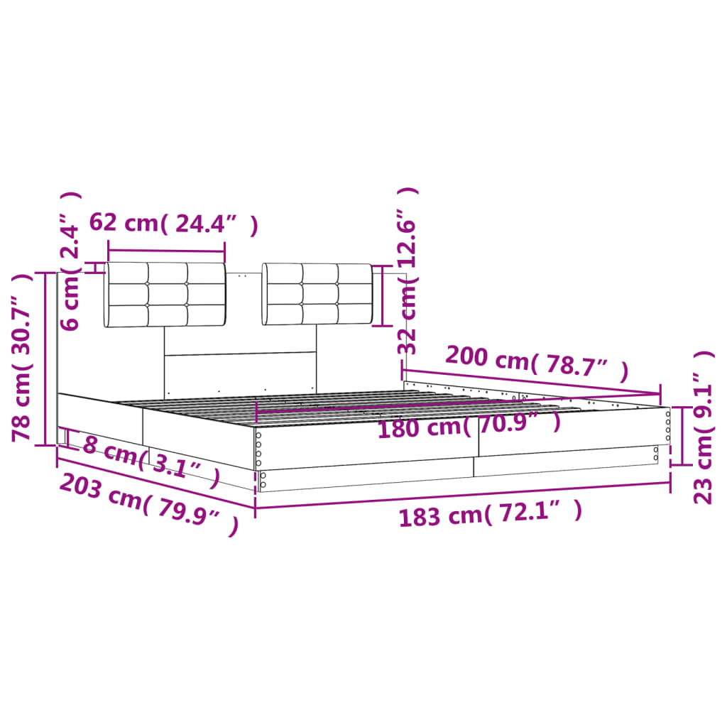 vidaXL voodiraam peatsi ja LED-tuledega, Sonoma tamm, 180 x 200 cm