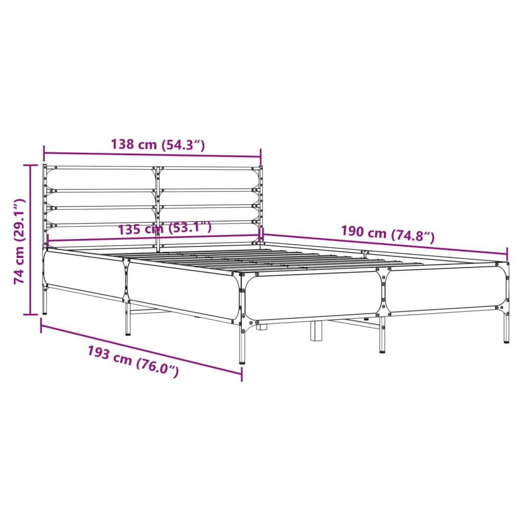 vidaXL voodiraam, Sonoma tamm, 135 x 190 cm, tehispuit ja metall