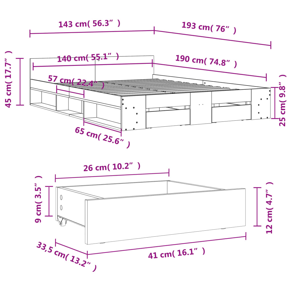 vidaXL voodiraam sahtlitega, Sonoma tamm, 140x190 cm, tehispuit