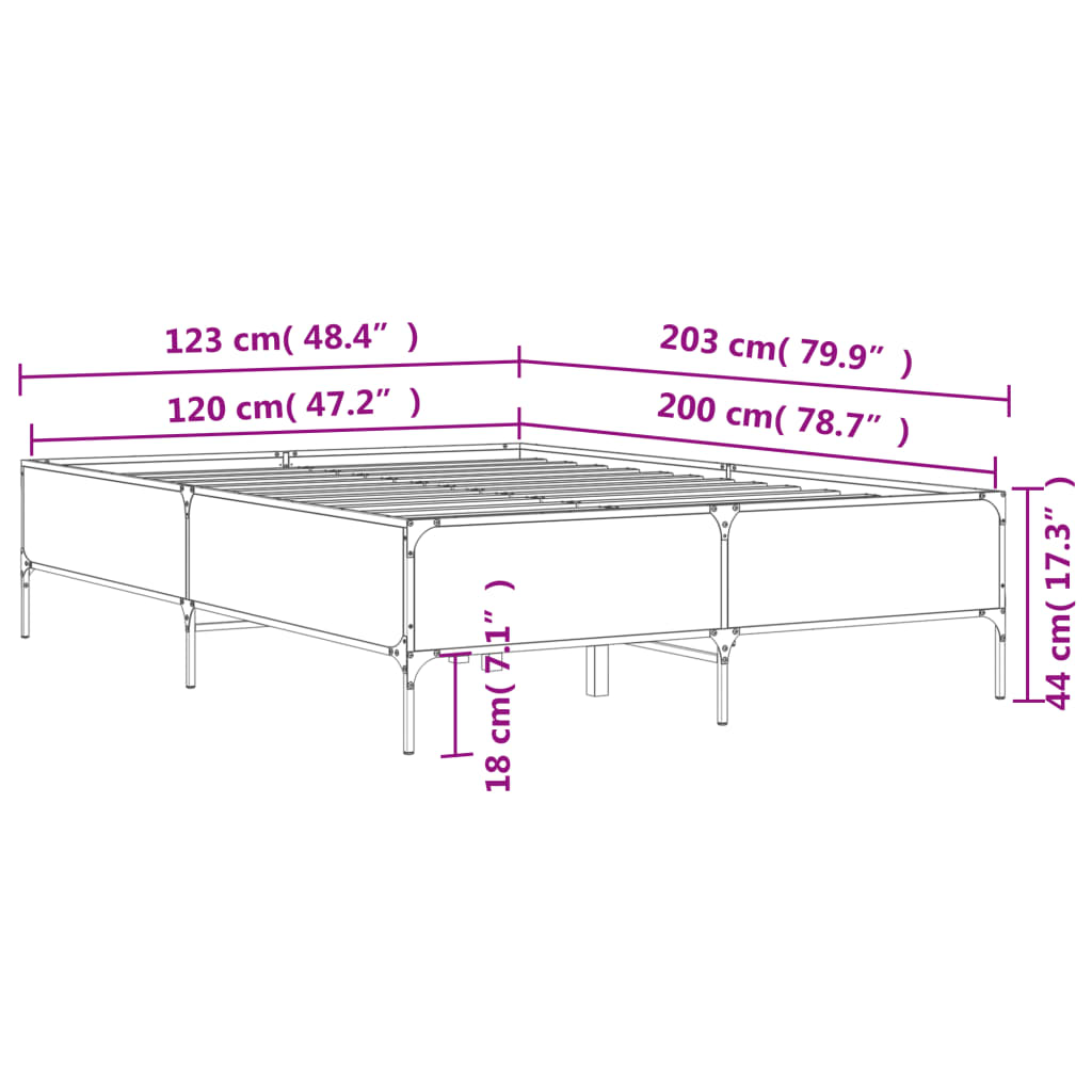 vidaXL voodiraam, hall Sonoma tamm, 120 x 200 cm, tehispuit ja metall