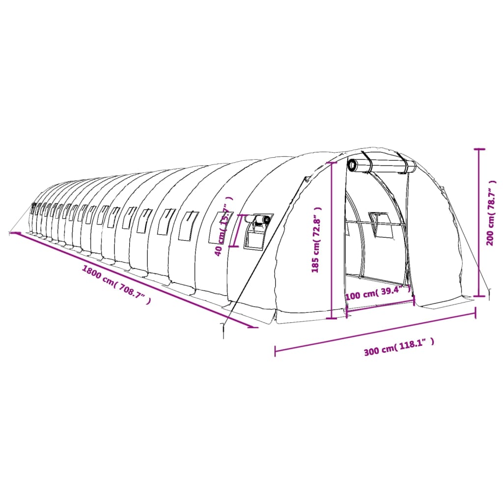 vidaXL kasvuhoone terasraamiga, valge, 54 m², 18x3x2 m