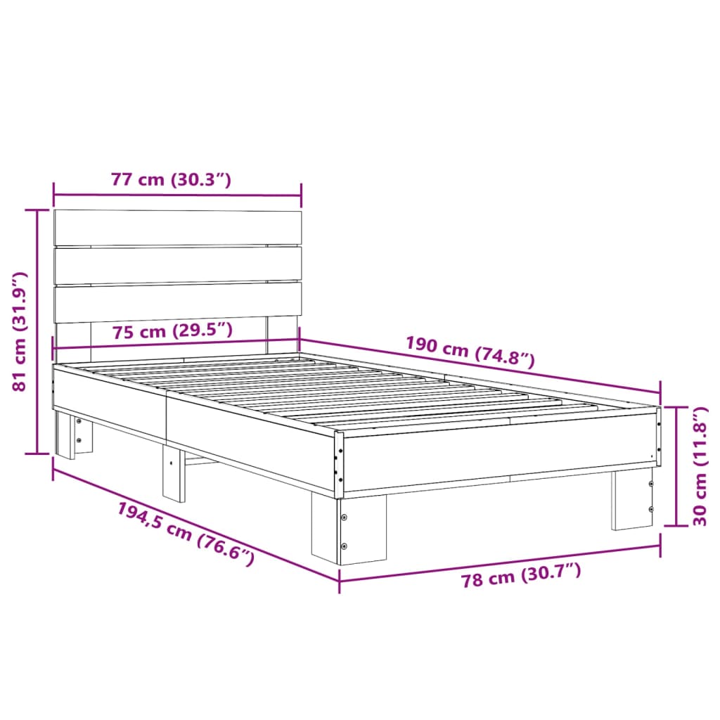 vidaXL voodiraam, pruun tamm, 75 x 190 cm, tehispuit ja metall