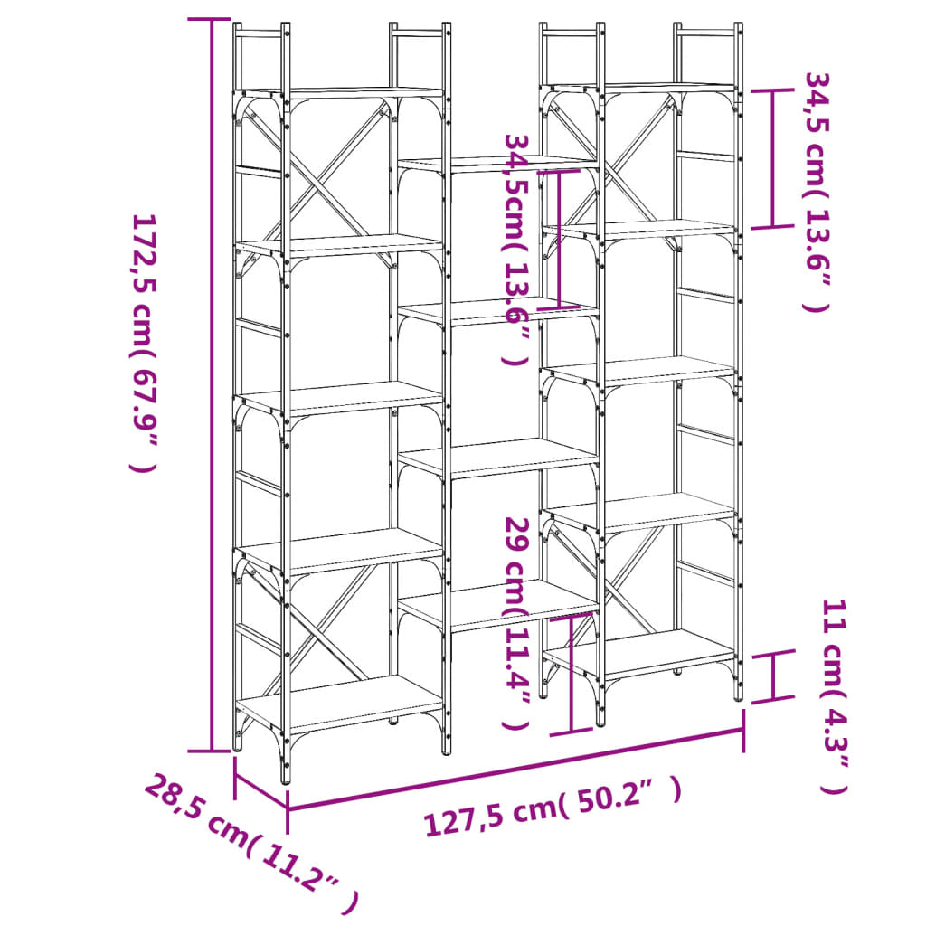 vidaXL raamaturiiul, must, 127,5 x 28,5 x 172,5 cm, tehispuit