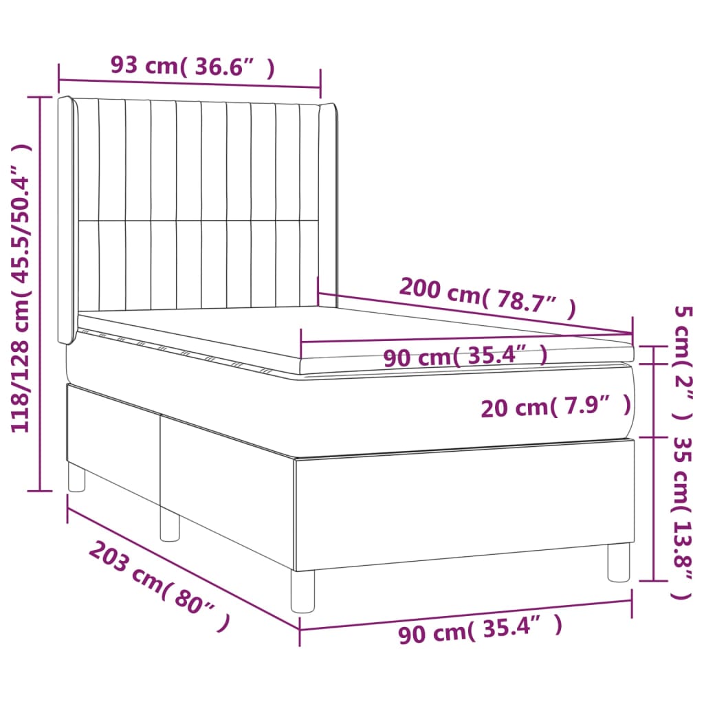 vidaXL kontinentaalvoodi madrats ja LED, must, 90x200 cm, samet