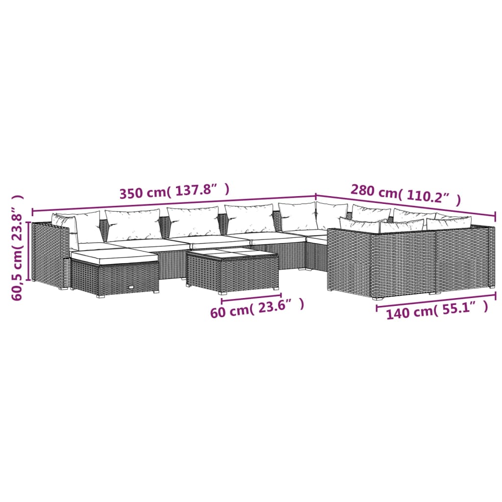 vidaXL 11-osaline aiamööblikomplekt patjadega, polürotang, must