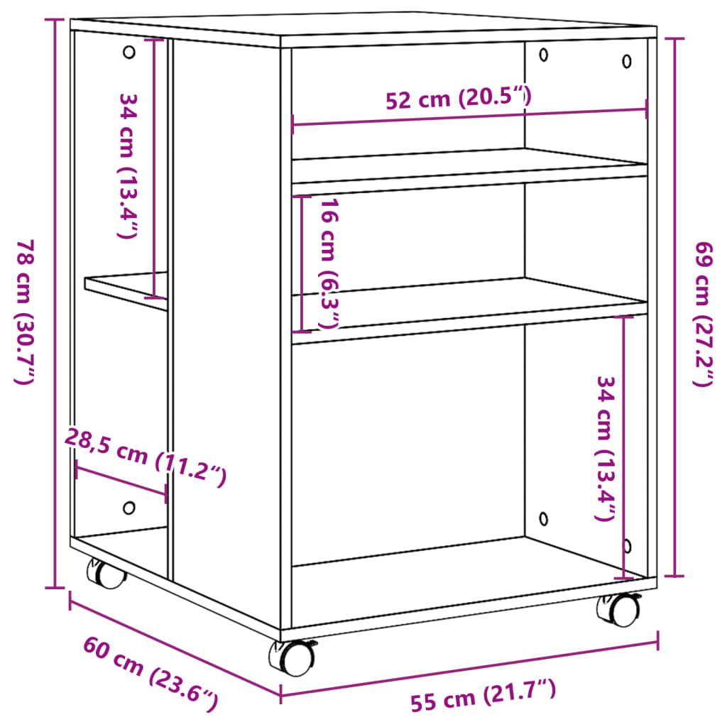 vidaXL lisalaud ratastega, pruun tamm, 55x60x78 cm, tehispuit