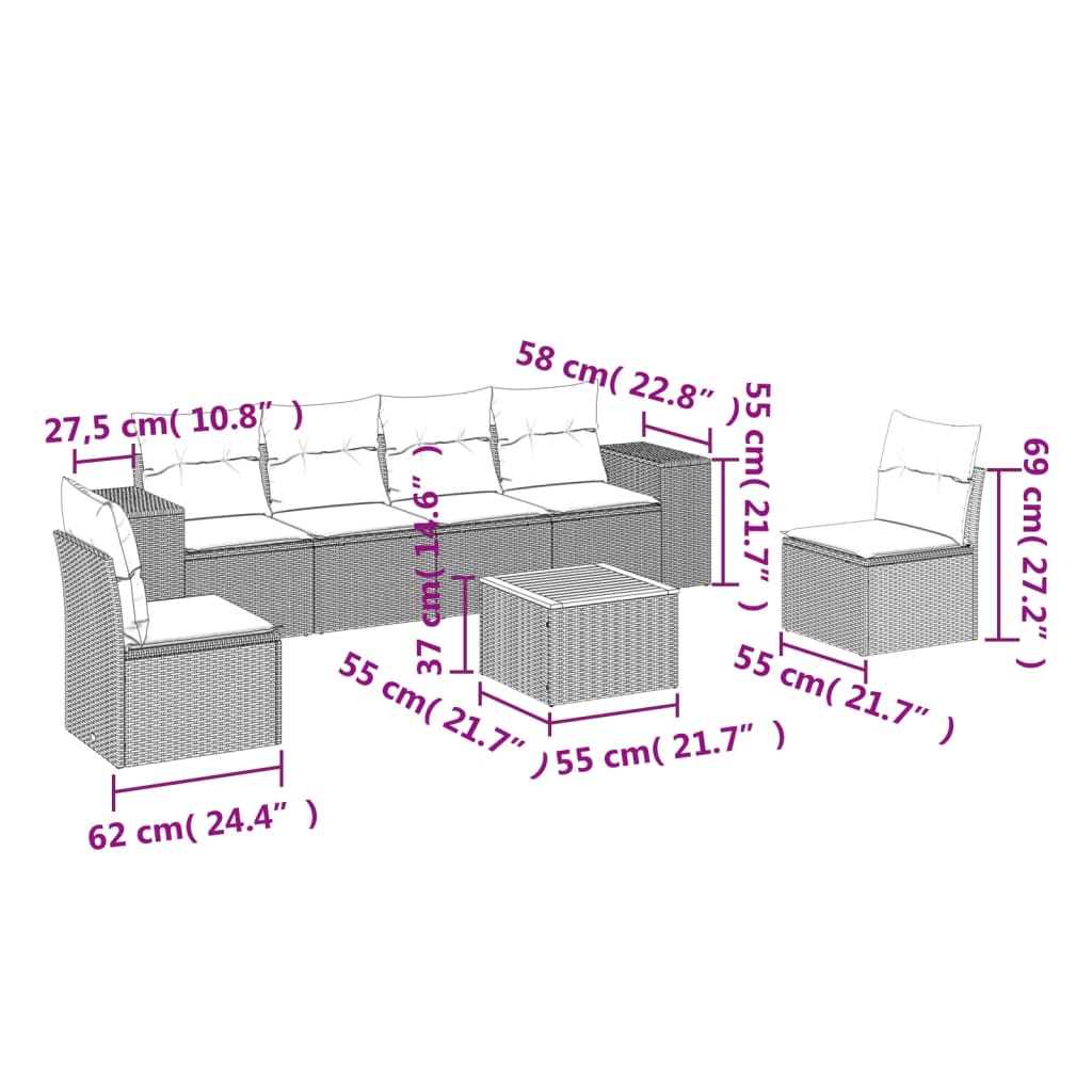 vidaXL 7-osaline aiadiivani komplekt patjadega, must, polürotang