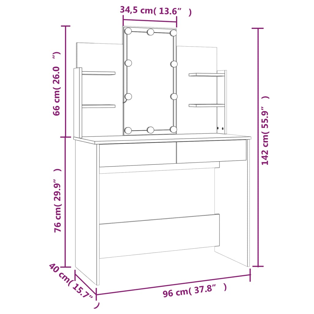 vidaXL tualettlaud LEDiga, suitsutatud tamm, 96 x 40 x 142 cm