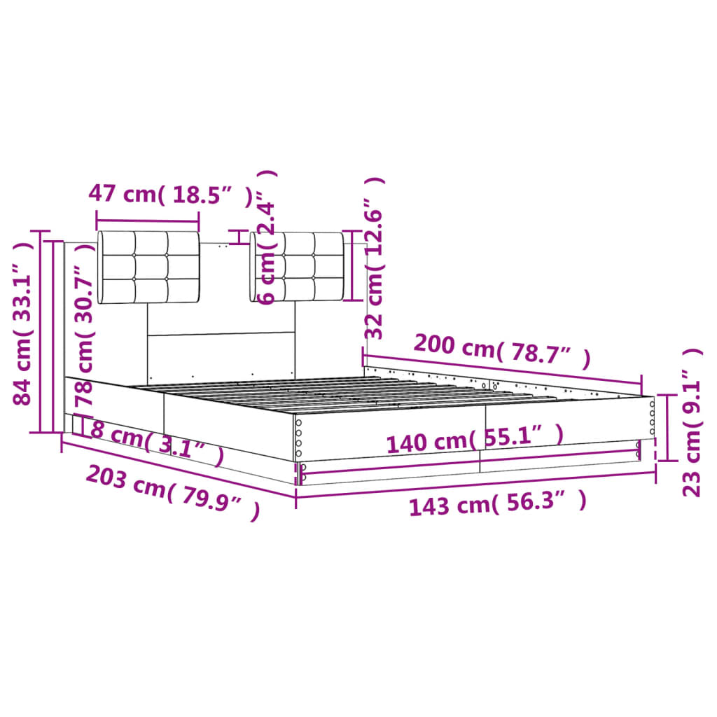 vidaXL voodiraam peatsiga, suitsutatud tamm, 140x200 cm, tehispuit