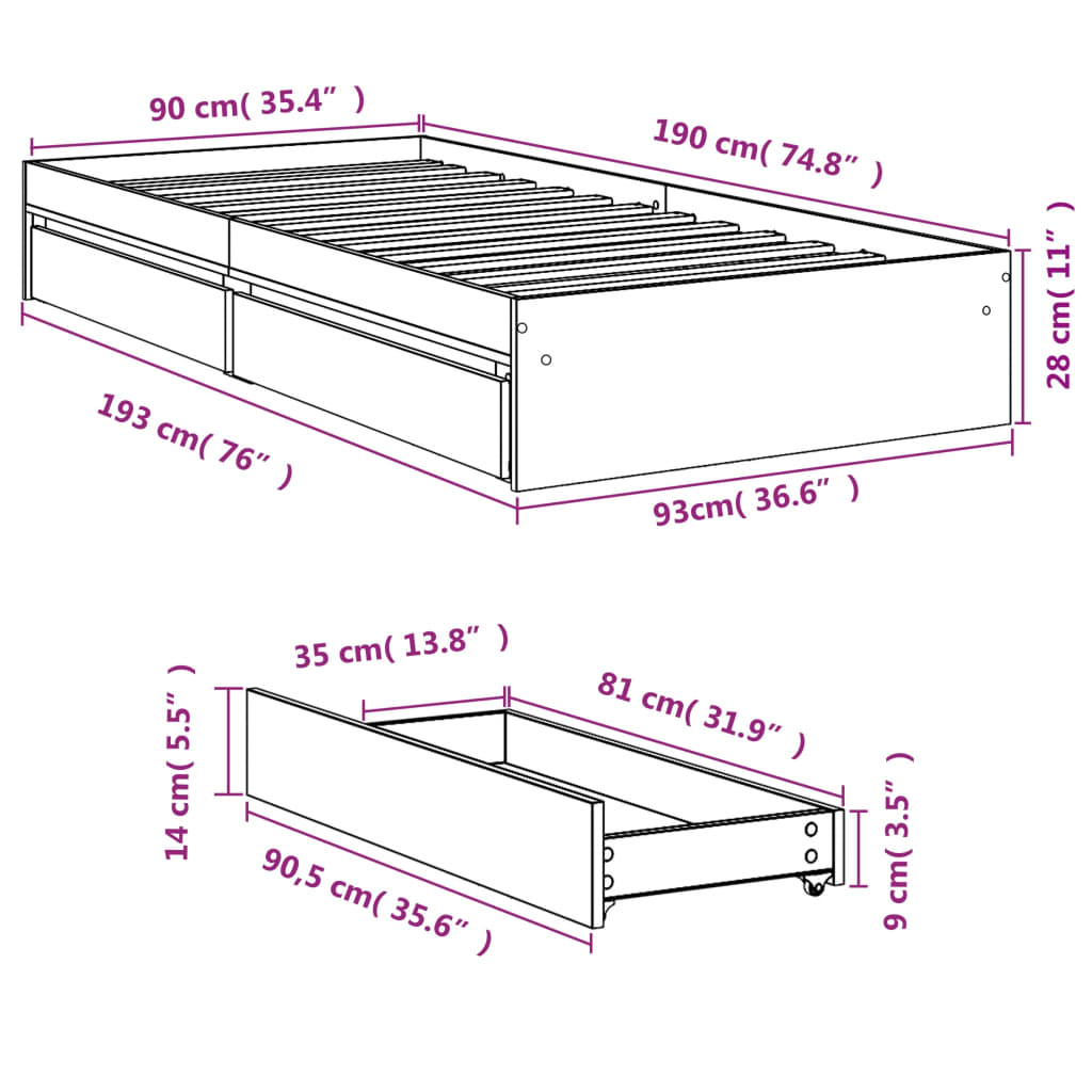 vidaXL voodiraam sahtlitega, suitsutatud tamm, 90x190 cm, tehispuit