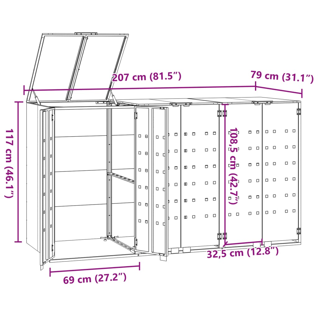 vidaXL ratastega prügikasti kuur 3 prügikastile, 207x79x117 cm, teras