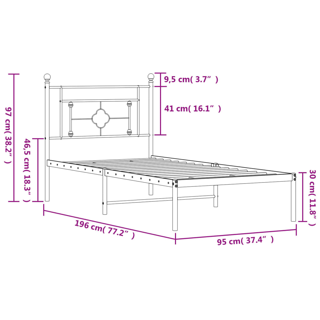 vidaXL metallist voodiraam peatsiga, must, 90 x 190 cm