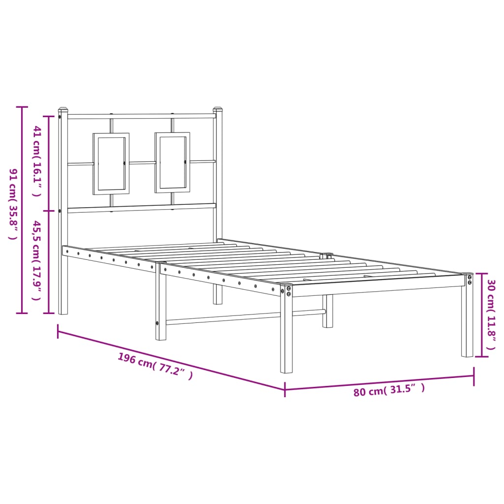 vidaXL metallist voodiraam peatsiga, ilma madratsita, valge, 75x190 cm