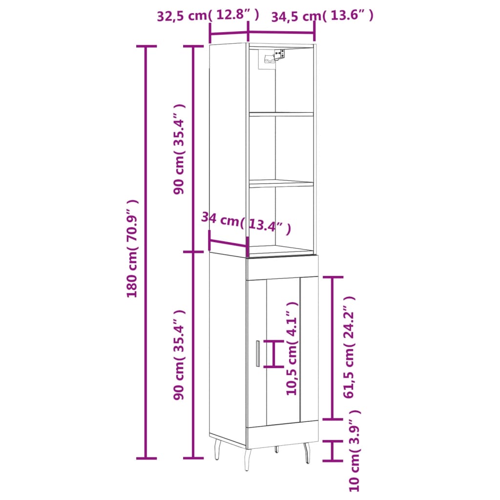 vidaXL kõrge kapp, hall Sonoma tamm, 34,5x34x180 cm, tehispuit