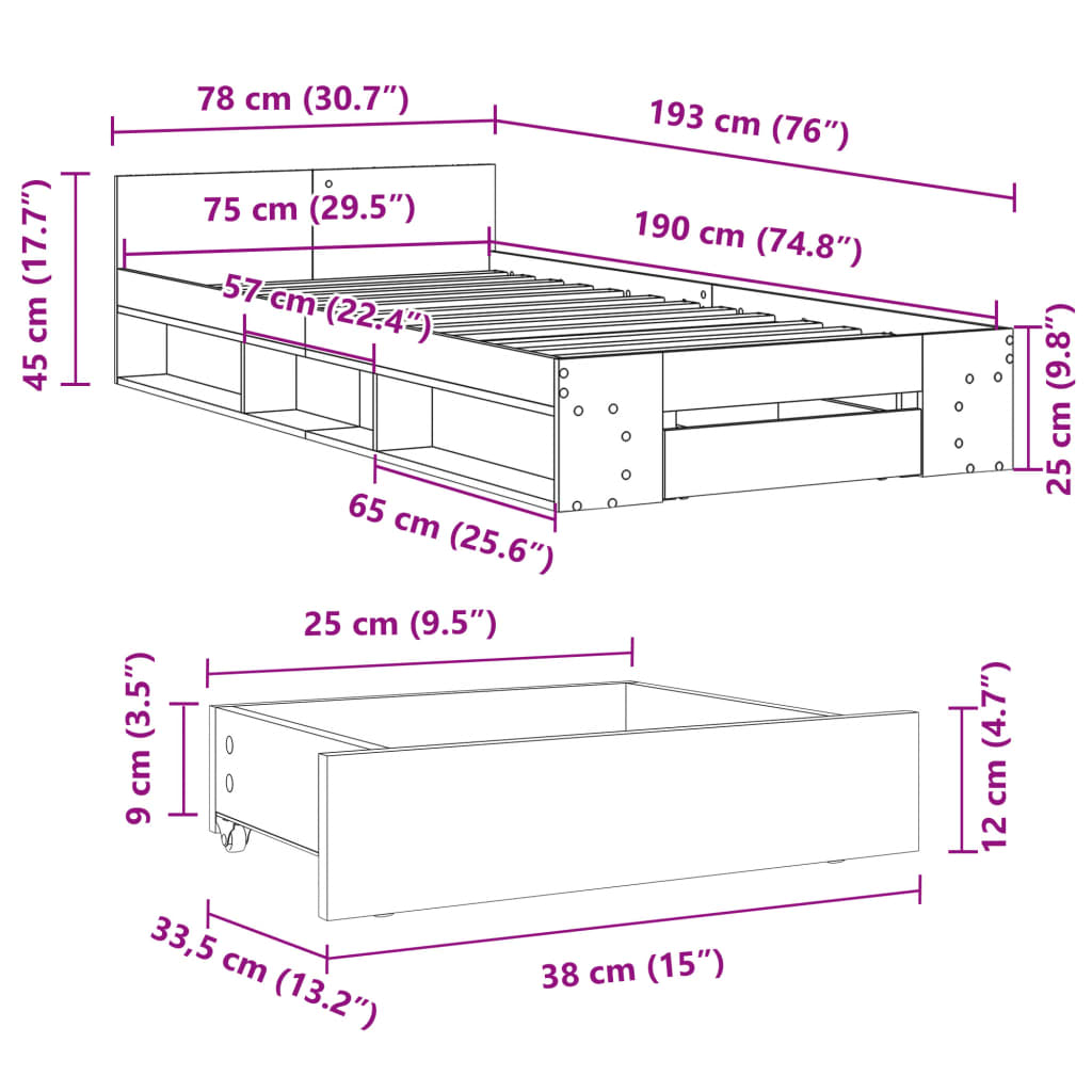 vidaXL voodiraam sahtlitega, Sonoma tamm, 75x190 cm, tehispuit