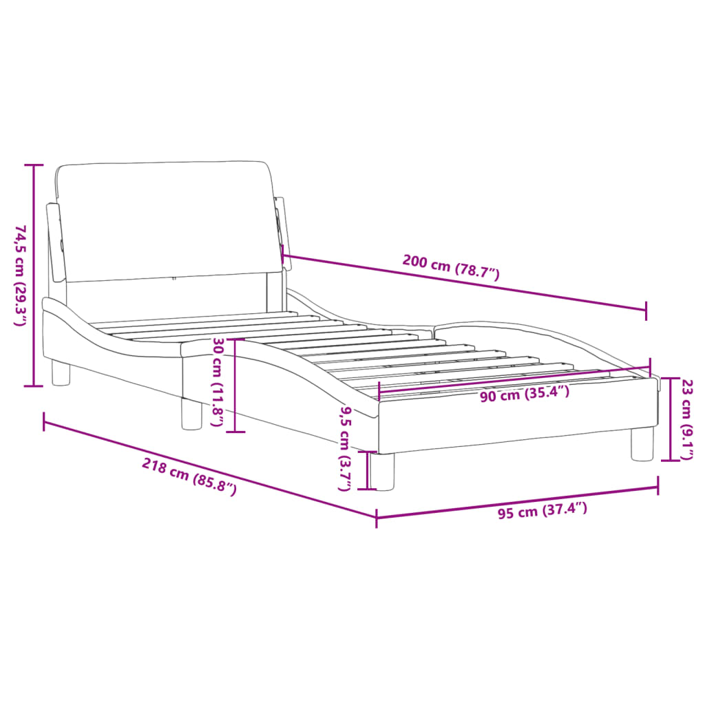 vidaXL voodiraam peatsiga, must, 90x200 cm, samet