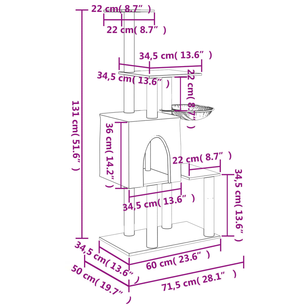 vidaXL kassimaja sisalköitega kraapimispuudega, helehall, 131 cm