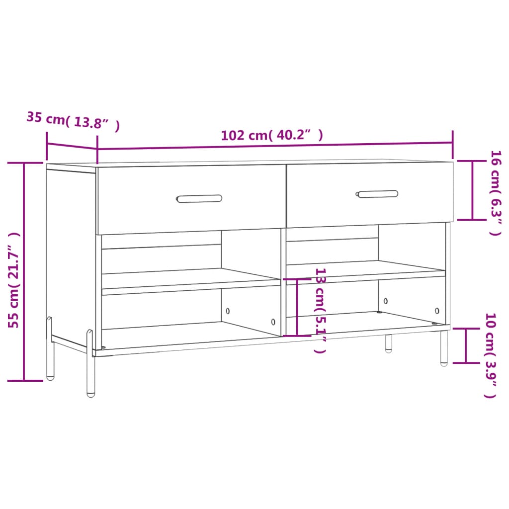 vidaXL jalatsipink, Sonoma tamm, 102 x 35 x 55 cm, tehispuit