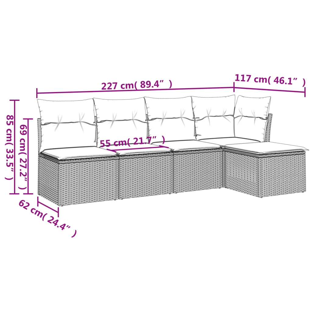vidaXL 5-osaline aiamööblikomplekt istmepatjadega, polürotang, hall