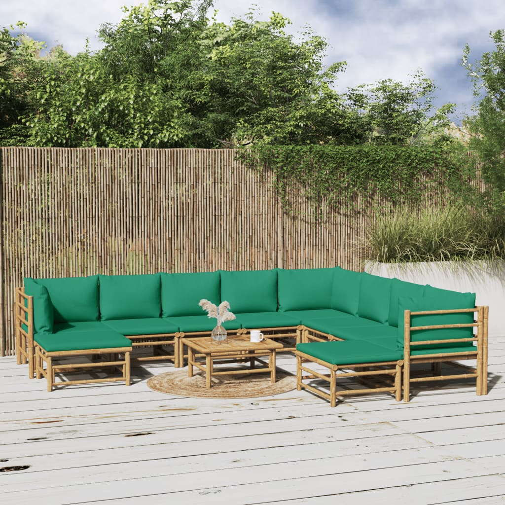 vidaXL 11-osaline aiamööbli komplekt roheliste patjadega, bambus