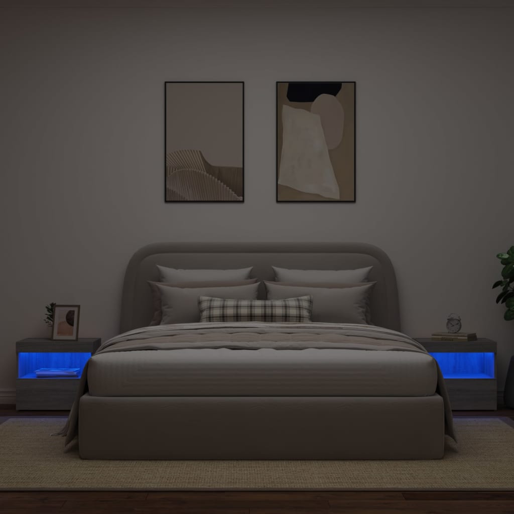 vidaXL öökapid LED-tuledega 2 tk, hall Sonoma tamm, 50 x 40 x 45 cm