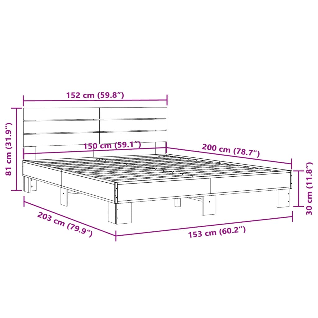 vidaXL voodiraam, suitsutatud tamm, 150 x 200 cm, tehispuit ja metall