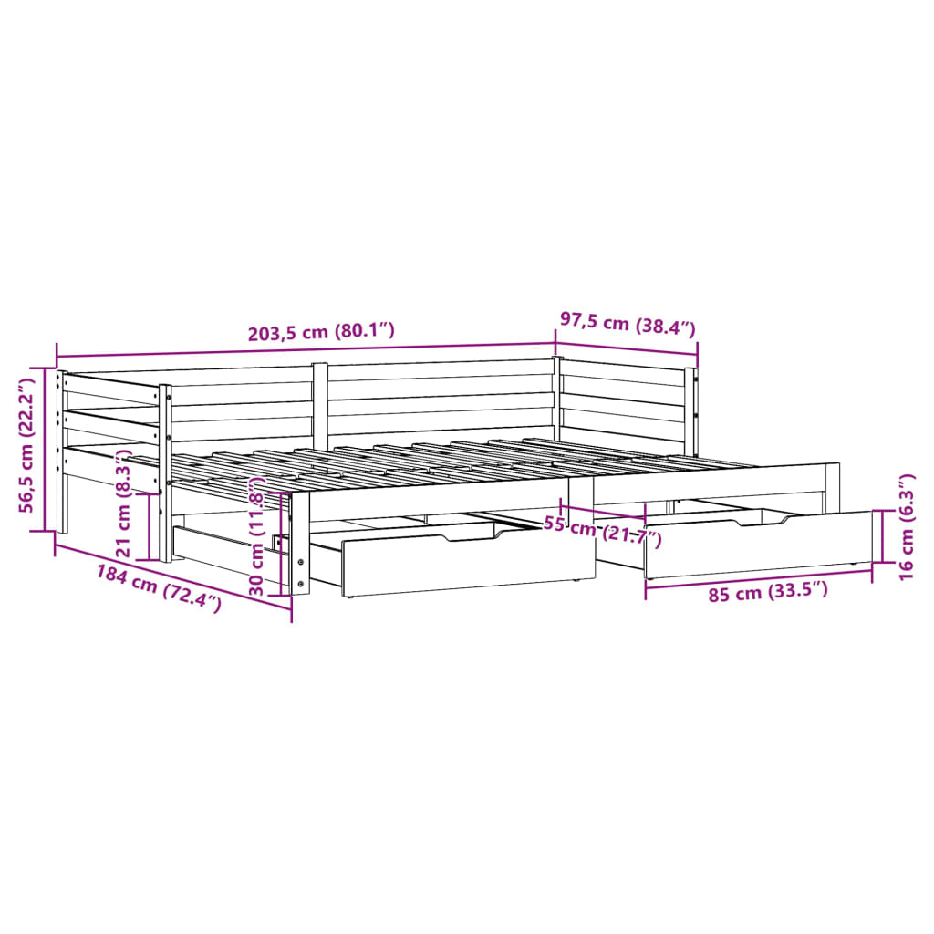 vidaXL diivanvoodi väljatõmmatav ja sahtlitega madratsita, 90x200 cm